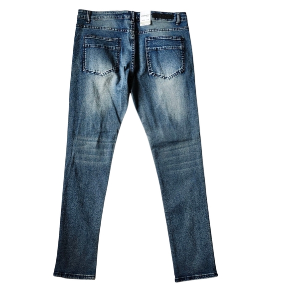 Men’s Distressed Vintage Bkue Wash Denim Skinny Jeans - Picture 6 of 9